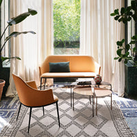 Orange sofa and armchair on a patterned rug with geometric designs, surrounded by green plants and light curtains.