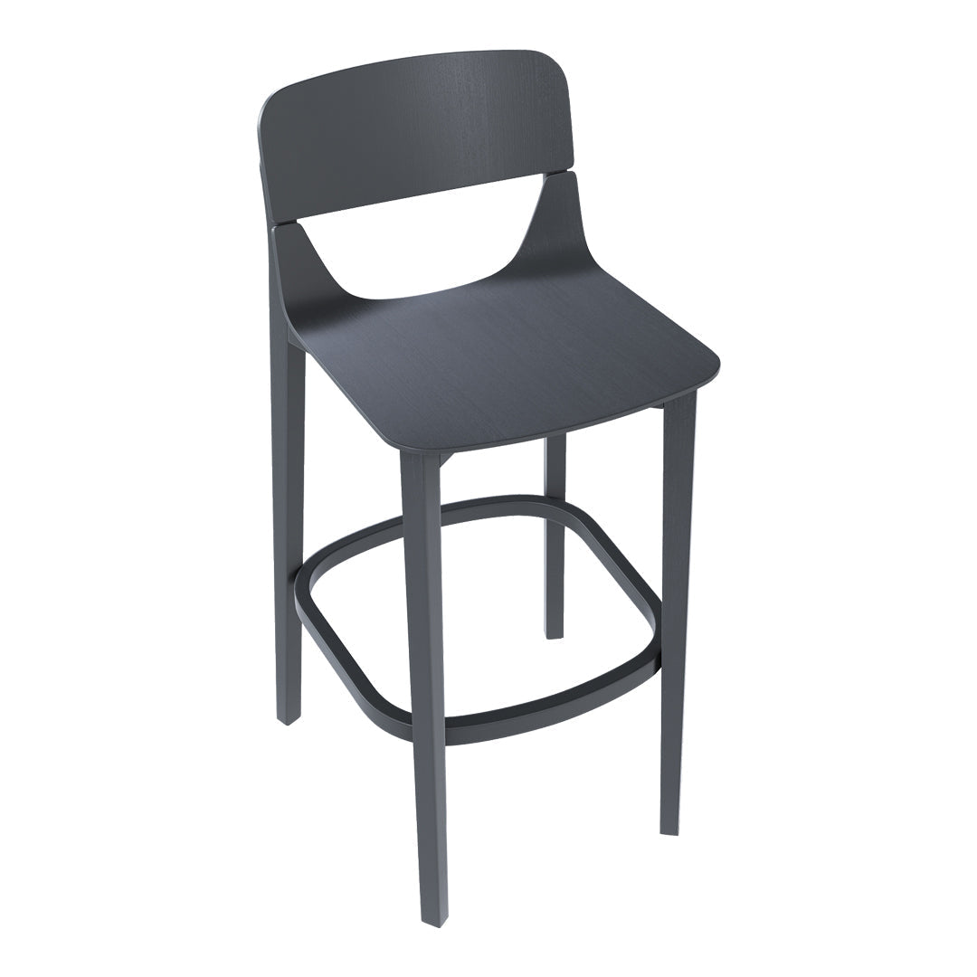 Lightweight modern bar stool in sleek gray finish with minimalist design and smooth edges. Perfect for contemporary spaces.