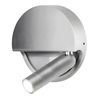 Sleek silver wall light with a round cover and a cylindrical spotlight, featuring a modern minimalist design.