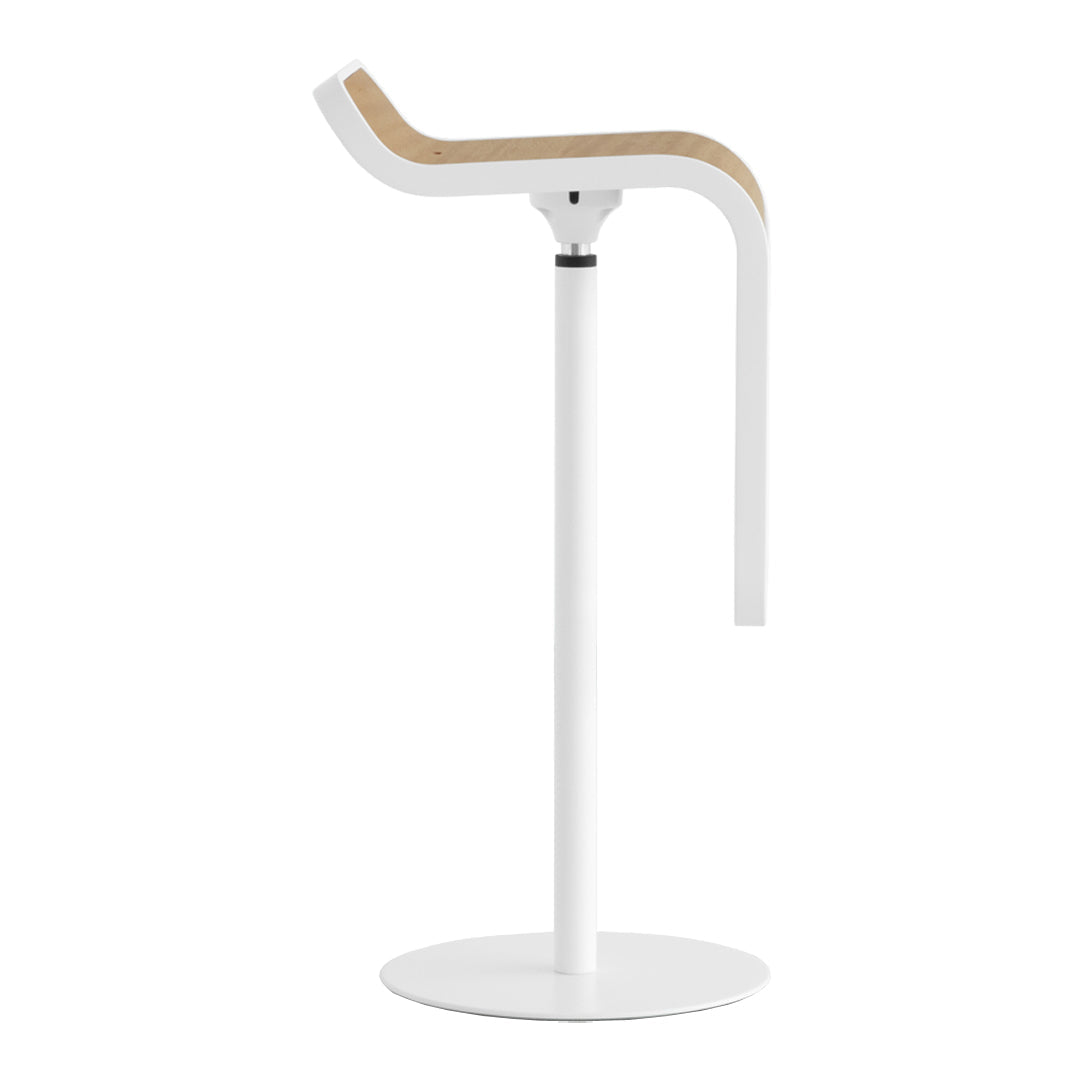 White bar stool with a sleek wooden seat and modern minimalistic design. Ideal for stylish interiors.