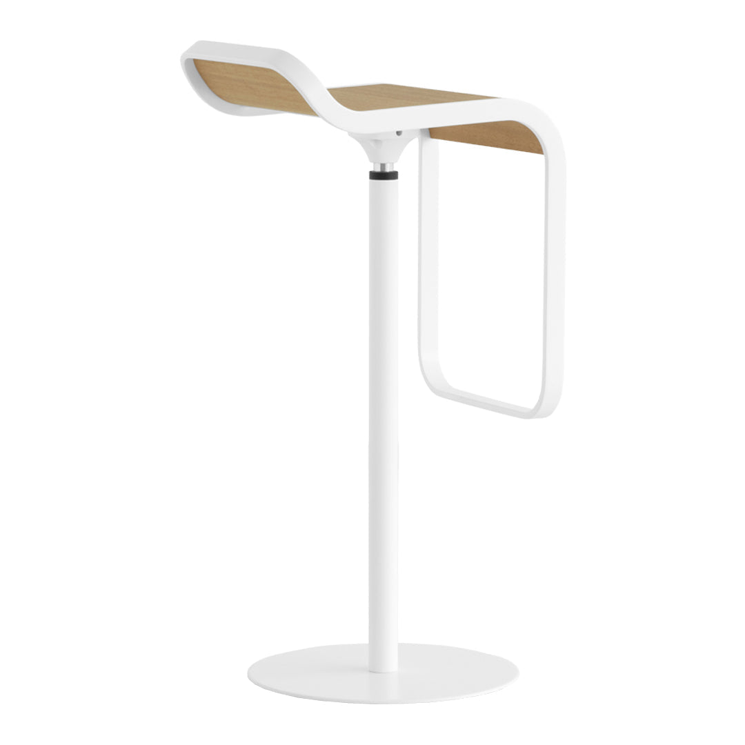 Modern white bar stool with a wood grain seat, featuring a sleek, minimalist design and subtle curved patterns.