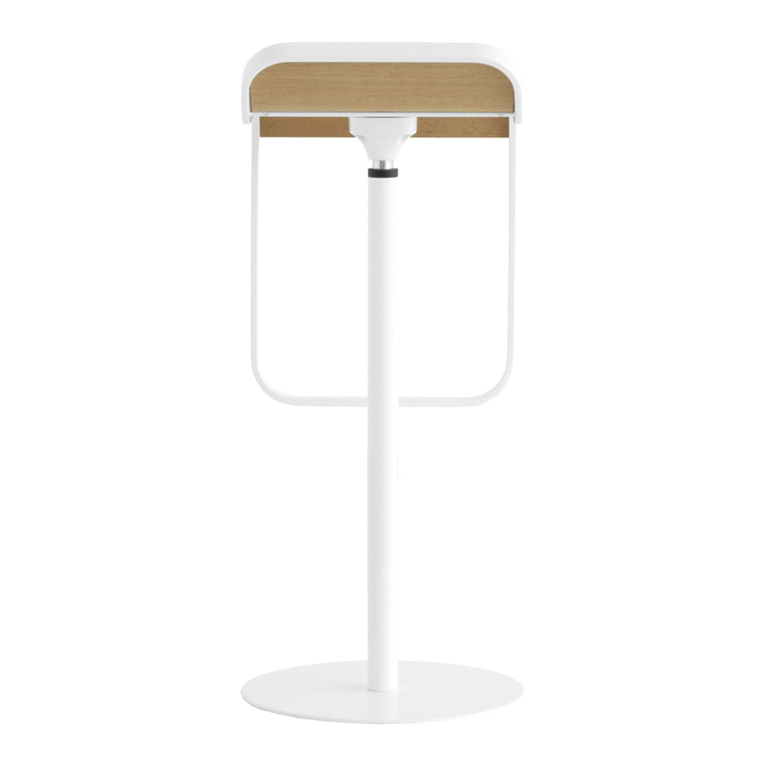 Modern white lamp with a natural wood top, featuring a sleek, minimalistic design and smooth curves.