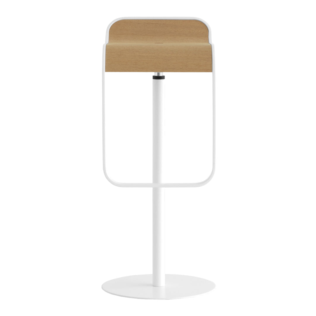 White bar stool with a natural wood top and sleek minimalist design. Perfect for modern home decor.