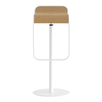 White bar stool with a natural wood top and sleek minimalist design. Perfect for modern home decor.