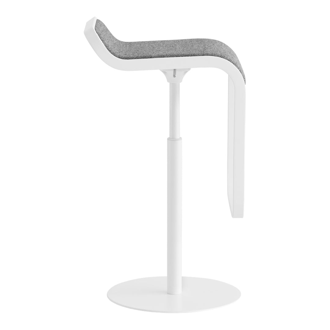 Modern bar stool with a sleek white base and a soft gray upholstered seat. Minimalist design and color scheme.