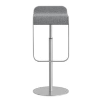 Gray upholstered bar stool with a sleek silver metal frame and minimalist design, ideal for modern spaces.