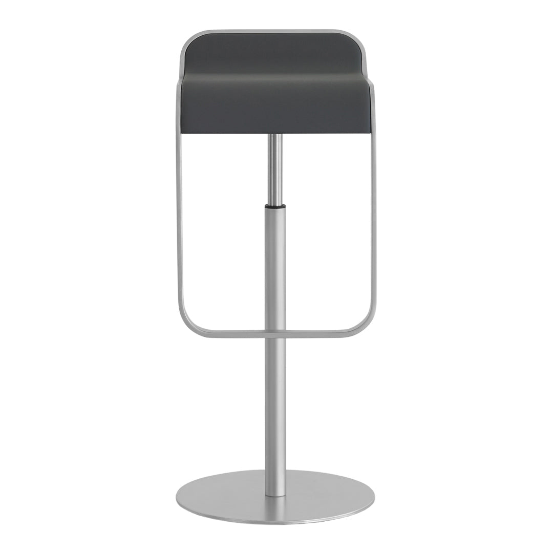 Modern gray bar stool with a sleek metal base and minimalist design, featuring a smooth, dark gray seat.