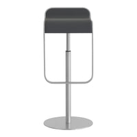 Modern gray bar stool with a sleek metal base and minimalist design, featuring a smooth, dark gray seat.