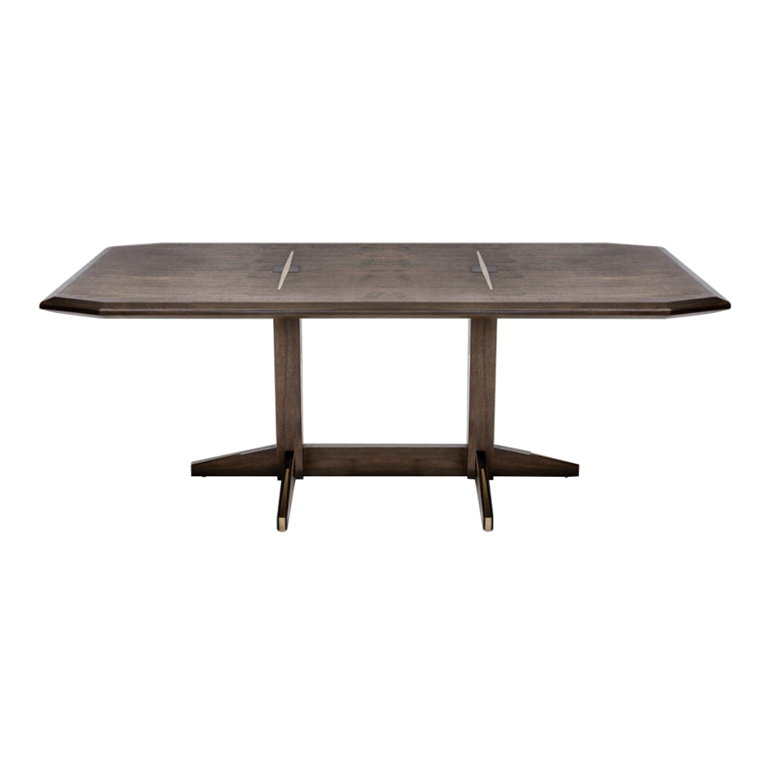 Dark wood rectangular table with smooth finish and subtle grain patterns, featuring sleek, modern lines.