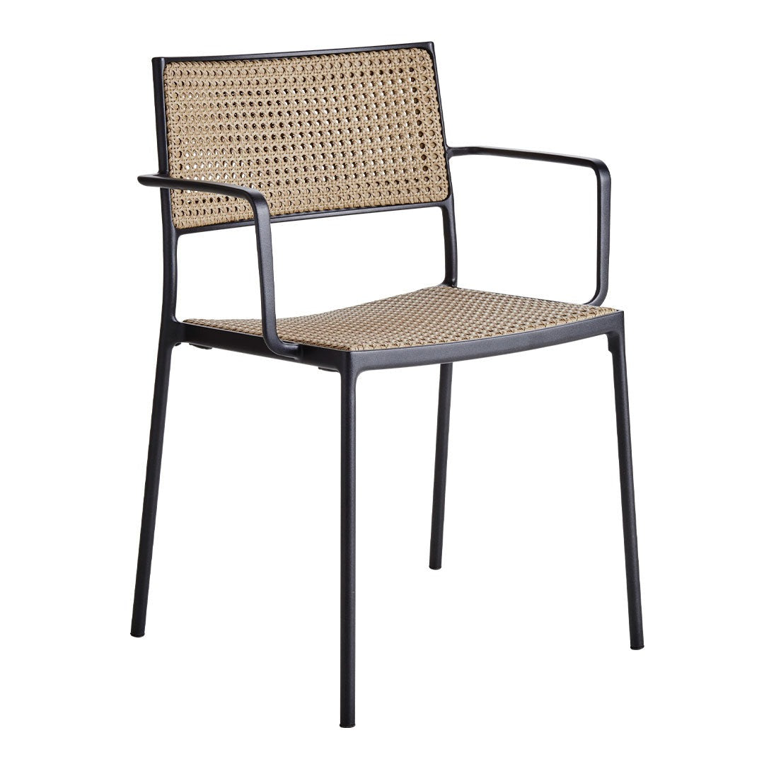 Black metal frame chair with a natural woven rattan seat and backrest, featuring a minimalist design and neutral tones.
