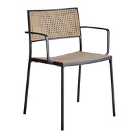 Black metal frame chair with a natural woven rattan seat and backrest, featuring a minimalist design and neutral tones.