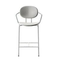 Light gray upholstered bar stool with a minimalist design and chrome legs, featuring a subtle, clean texture.