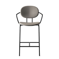 Stylish gray upholstered bar stool with a sleek black metal frame and minimalist design. Perfect for modern decor.