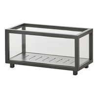 Sleek black metal frame with clear glass panels, featuring a simple striped pattern on the base.
