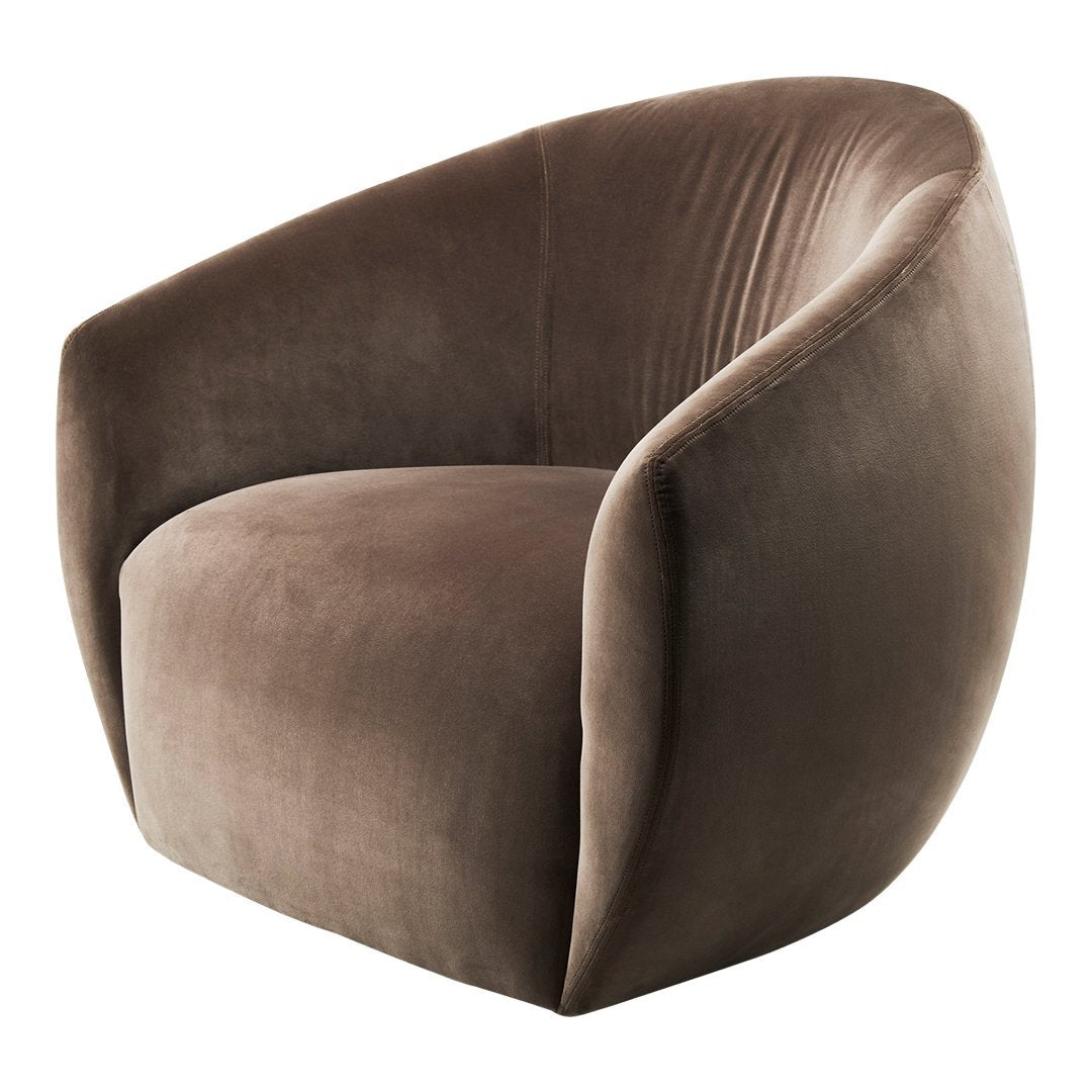 Stylish brown velvet armchair with a sleek, modern design and subtle ribbed texture throughout.