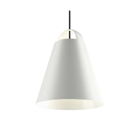 White conical pendant lamp with a smooth finish and black hanging cord. Stylish and modern design.