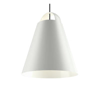 White conical pendant lamp with a smooth matte finish and subtle textured interior, hanging from a black cord.