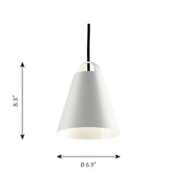 White conical pendant lamp with a sleek design, featuring a matte finish and contrasting black cord.