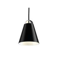 Black cone pendant lamp with a sleek white interior, perfect for modern decor.