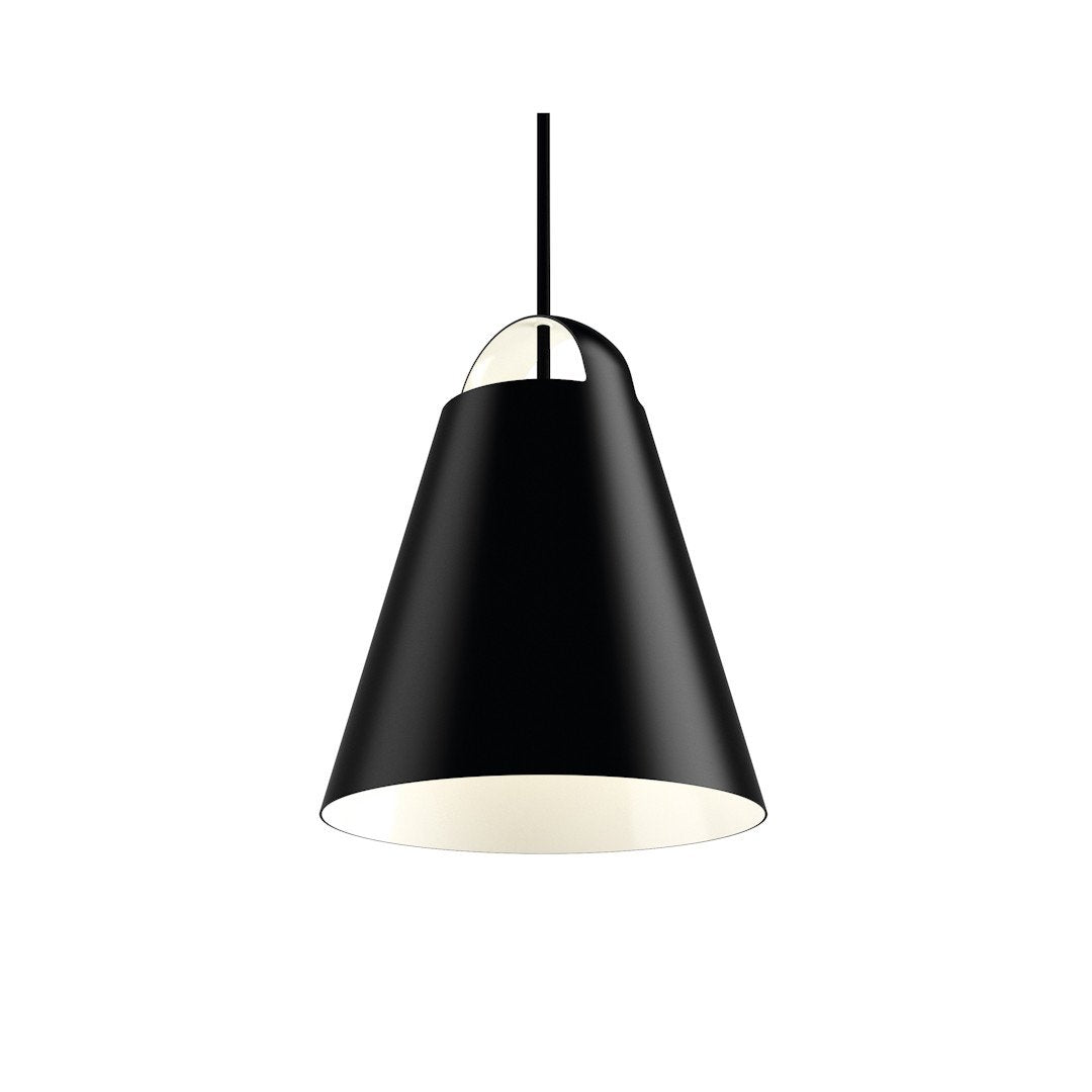 Black conical pendant lamp with a white interior, sleek modern design, and minimalistic aesthetic.