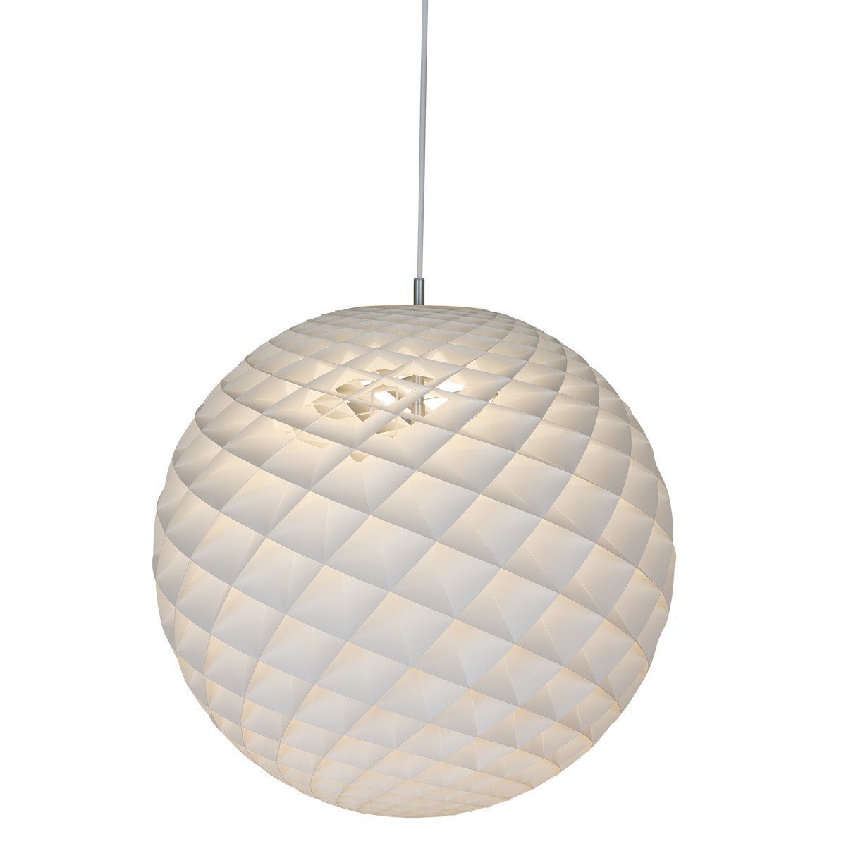 White pendant lamp with a quilted pattern, featuring a round shape and soft, diffused illumination.