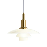 Gold pendant light with layered white glass shades, featuring a sleek, modern design and a minimalist aesthetic.