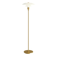Elegant gold floor lamp with a smooth white glass shade, featuring a modern minimalist design.