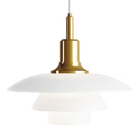 Gold and white modern pendant light with layered shades, featuring a sleek design and elegant finish.