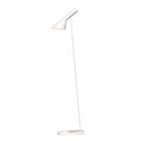 Sleek white floor lamp with a minimalist design, featuring a conical shade and a smooth, slender base.