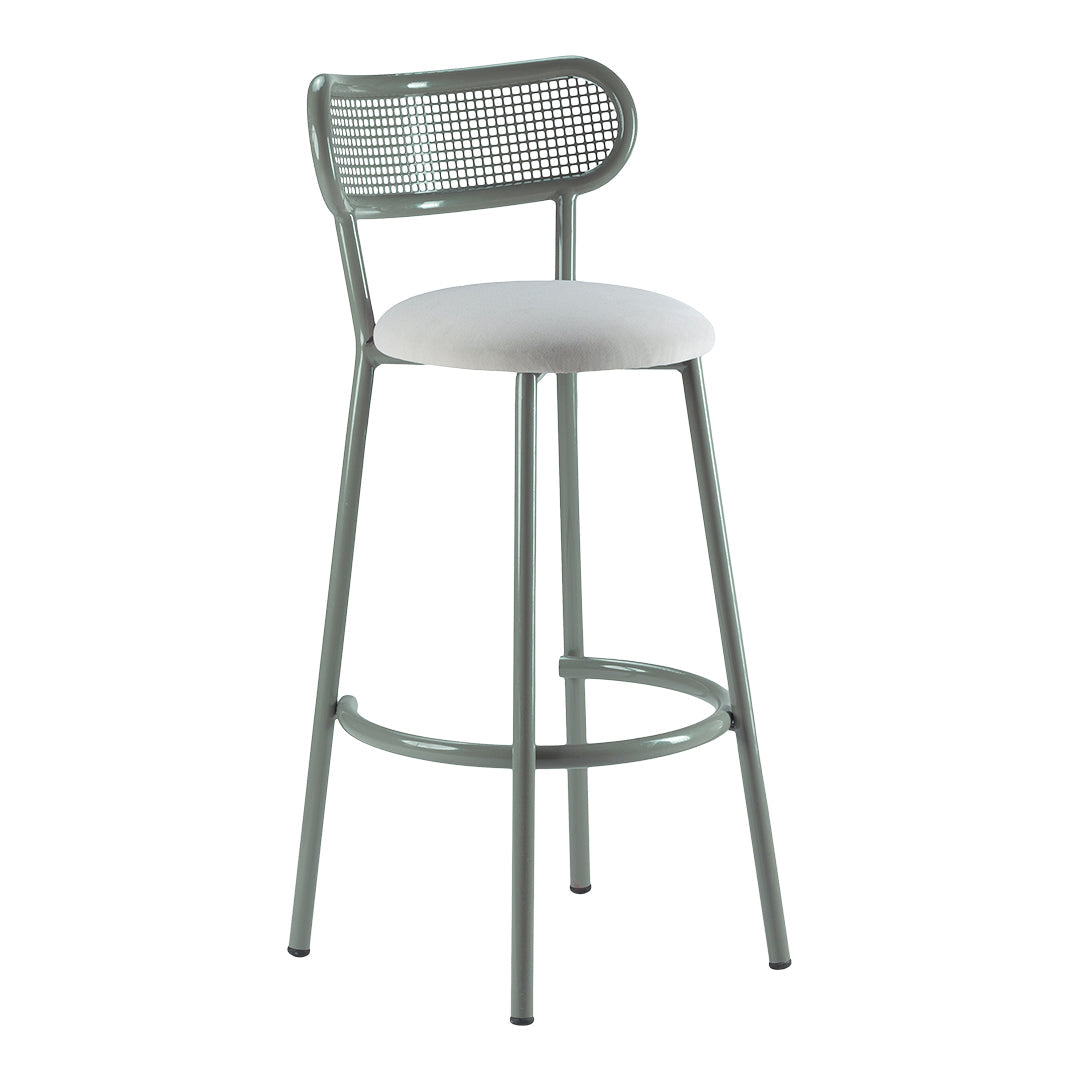 Mint green bar stool with a woven back and soft, light gray seat cushion for a modern touch.