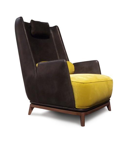 Stylish armchair featuring a rich brown exterior contrasted with a vibrant yellow seat and cushion.