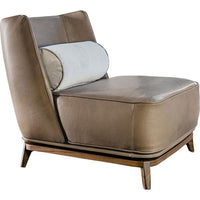 Stylish tan leather chair with a light blue lumbar cushion and sleek wooden legs, featuring modern minimalistic design.
