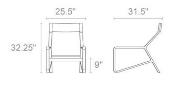 Detailed line drawing of a chair with dimensions, featuring a sleek, minimalist design and neutral colors.