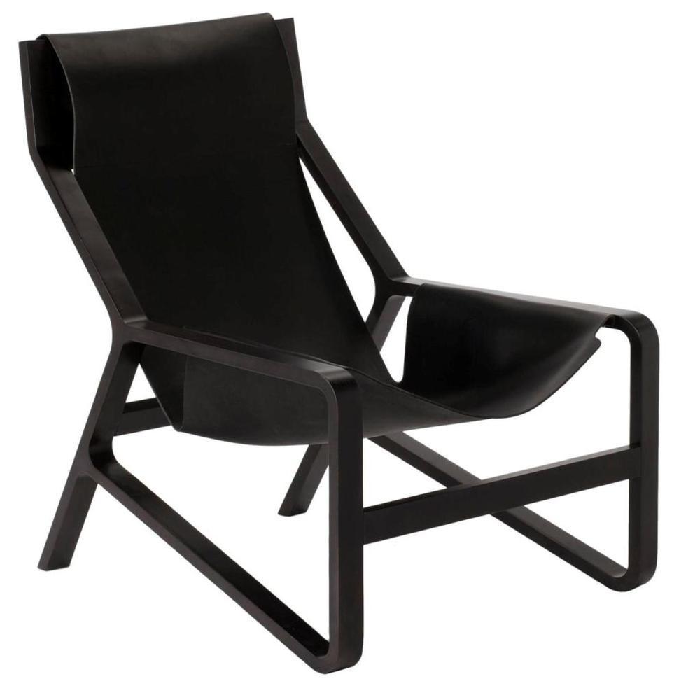 Sleek black lounge chair with a minimalist design and smooth leather, featuring a bold geometric frame.