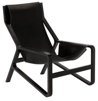 Sleek black lounge chair with a minimalist design and smooth leather, featuring a bold geometric frame.