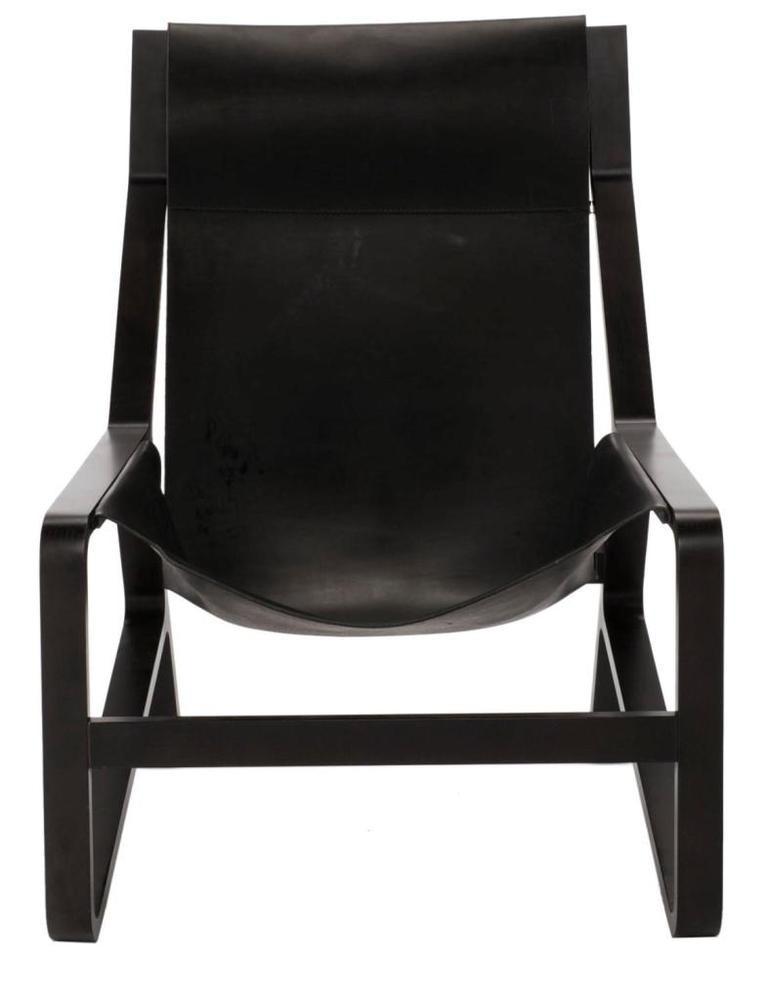 Sleek black leather lounge chair with a minimalist design and smooth finish, perfect for modern decor.