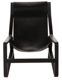 Sleek black leather lounge chair with a minimalist design and smooth finish, perfect for modern decor.