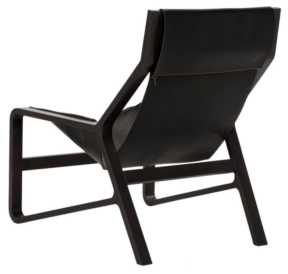 Black modern chair with sleek lines and a minimalist design, featuring a smooth matte finish and a contrasting wood base.