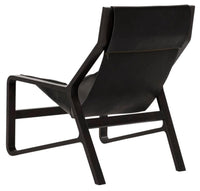 Black modern chair with sleek lines and a minimalist design, featuring a smooth matte finish and a contrasting wood base.