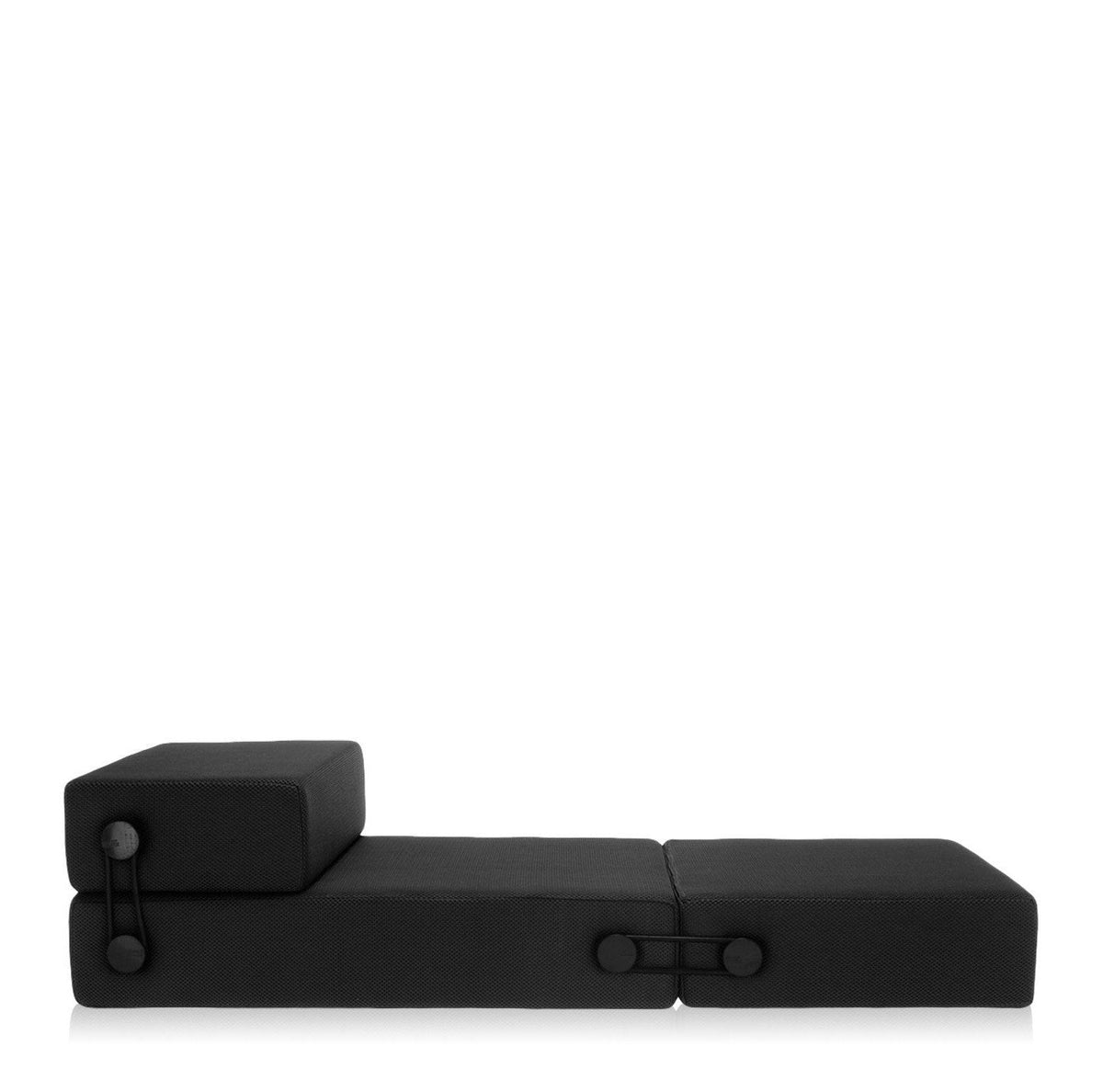Black modular sofa with sleek, minimalist design and smooth, solid color upholstery.