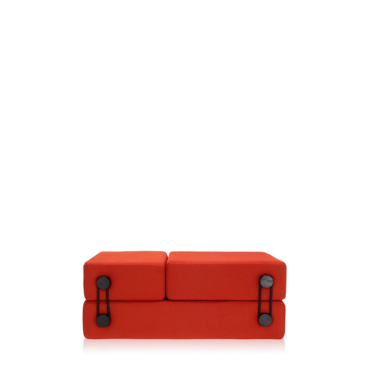 Bright red sofa with a minimalist design and contrasting black accents. Perfect for modern decor.