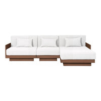 Modern sectional sofa featuring soft white upholstery and rich brown wooden base, ideal for stylish interiors.