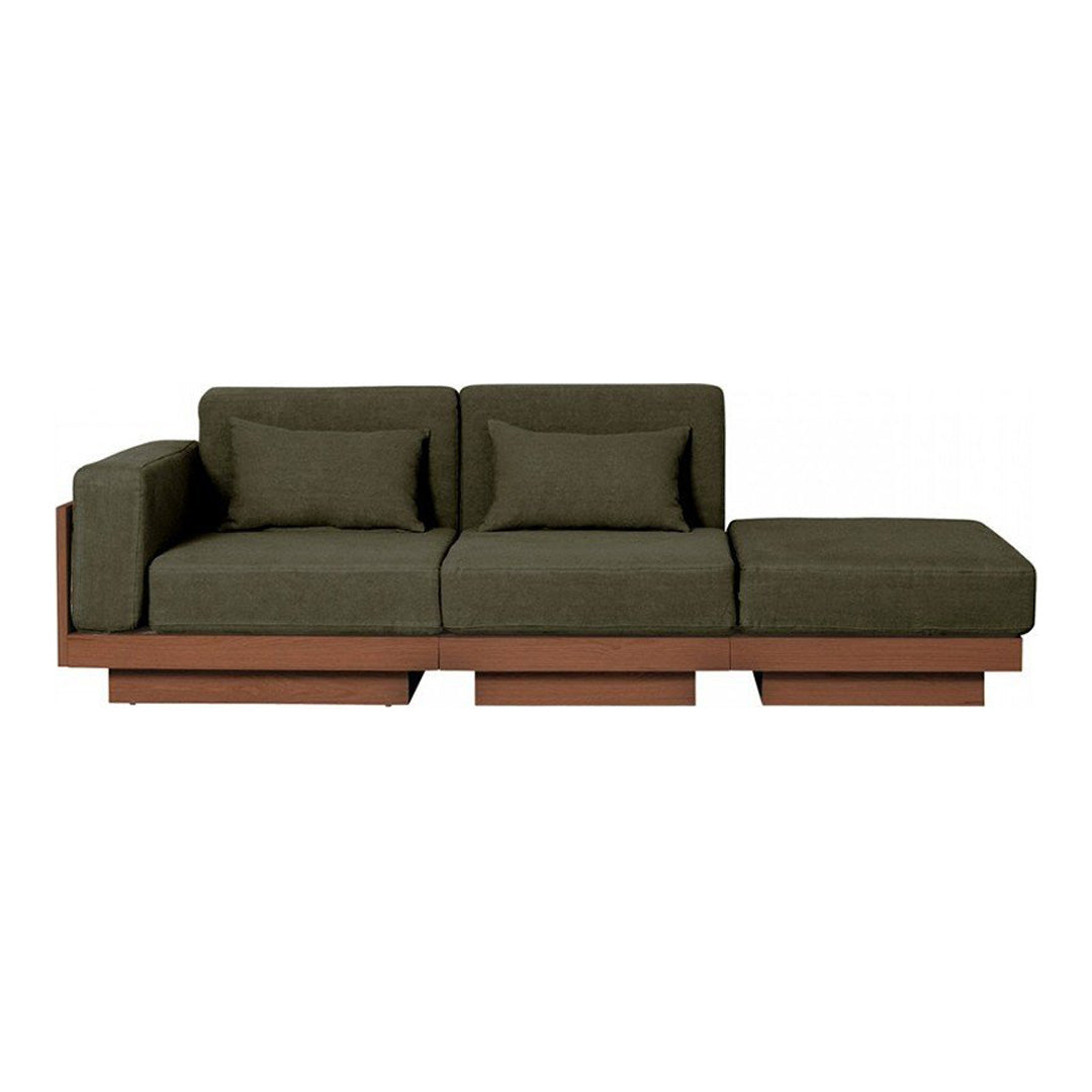 Modern sofa featuring a rich olive green upholstery and sleek wooden base in warm brown tones.