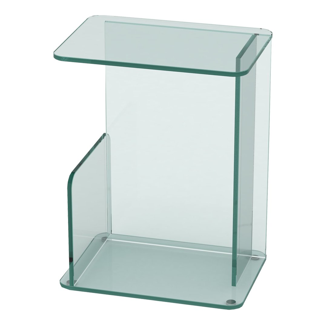 Clear glass side table with sleek, modern design and minimalist structure. Perfect for any contemporary space.