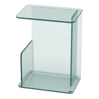Clear glass side table with sleek, modern design and minimalist structure. Perfect for any contemporary space.