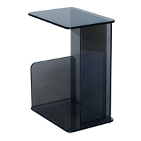 Modern black glass side table with a sleek, minimalist design and transparent panels, perfect for contemporary decor.
