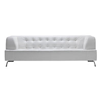 White tufted sofa with sleek design and metal legs, featuring a smooth, minimalist aesthetic. Perfect for modern decor.