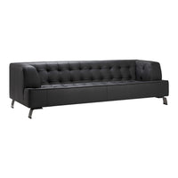 Black tufted leather sofa with sleek chrome legs, featuring a modern minimalist design.