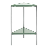 "Two-tiered triangular table with sleek silver legs and soft green glass surfaces."