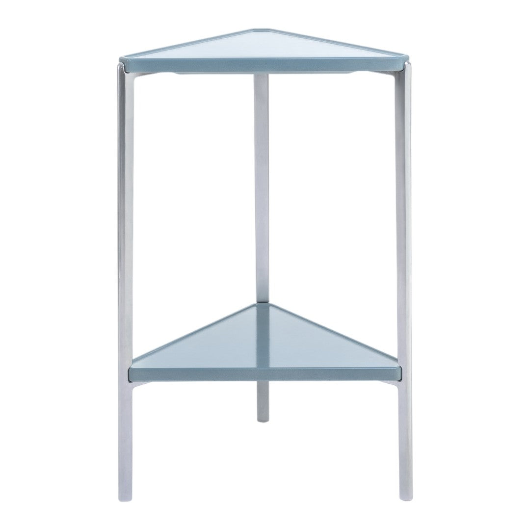 Modern triangular side table featuring a light blue glass top and sleek silver metal legs. Ideal for small spaces.